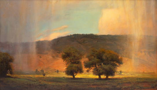 Gordon Brown (American, b. 1962) Autumn Rain, 1998: Gordon Brown (American, b. 1962) Autumn Rain, 1998 oil on board signed Gordon Brown (lower right); signed, titled, and dated (verso) 35 x 60 inches. This lot is located in Denver. Provenance: Meyer Ga
