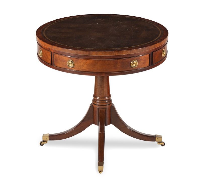A George III Style Aston Court by Henrendon Mahogany Drum Table: A George III Style Aston Court by Henrendon Mahogany Drum Table 20th Century Height 26 1/4 x diameter of top 28 inches. This lot is located in Chicago.
