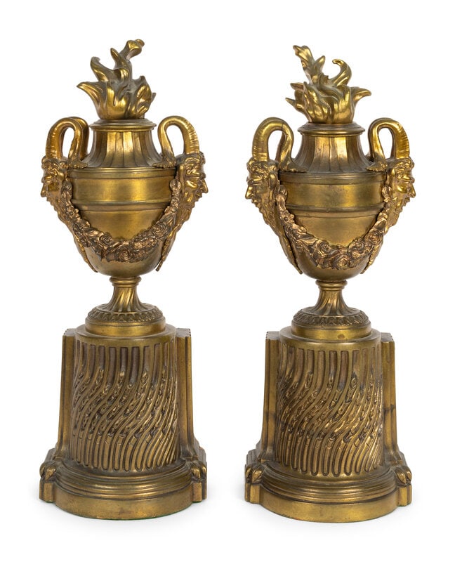 A Pair of French Neoclassical 'Flaming Urn' Gilt Bronze Urn Book End Ornaments (1 of 2)
