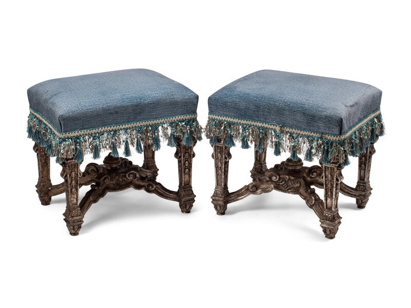 A Pair of Louis XIV Style Silvered Wood Stools: A Pair of Louis XIV Style Silvered Wood Stools 20th Century Height 20 x width 20 1/2 x depth 16 inches. This lot is located in Palm Beach. Condition