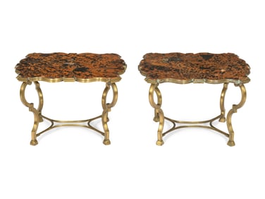 A Pair of Cartouche-Form Wrought Iron Side Tables with Simulated Tortoise Tops
