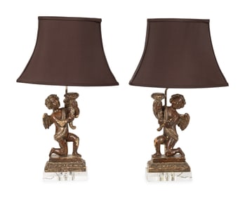 A Pair of Italian Giltwood and Acrylic Lamps
