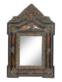 A Dutch Baroque Style Tortoise Shell and Brass Mounted Repoussé Cushion Mirror