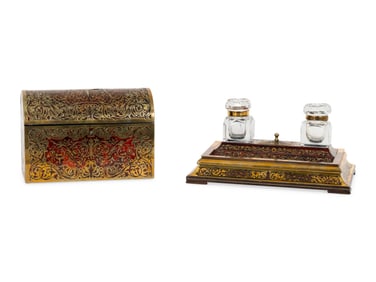 A French Boulle Marquetry and Tortoise Shell Standish and Domed Letter Box