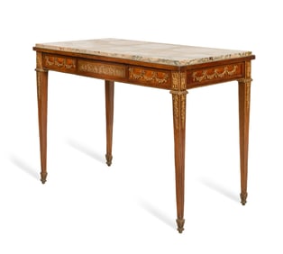A Louis XVI Style Gilt Bronze Mounted Mahogany Center Table with Inset Frieze and Marble Top