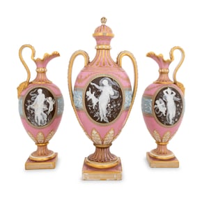 A Minton's Pâte-sur-Pâte Pink-Ground Three-Piece Garniture