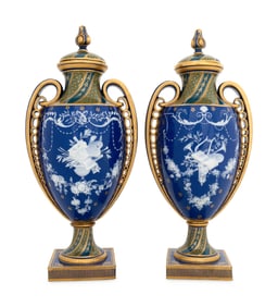 A Pair of Minton's Pâte-sur-Pâte Cobalt Blue Covered Vases