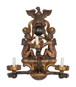 A Venetian Carved Walnut and Cast Iron Polychrome Decorated Three-Light Figural Sconce