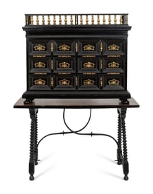 A Flemish Ebonized and Gilt Bronze Mounted Cabinet and Associated Spanish Renaissance Stand