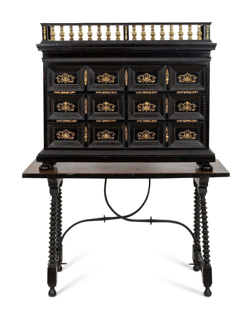 A Flemish Ebonized and Gilt Bronze Mounted Cabinet and Associated Spanish Renaissance Stand (1 of 3)