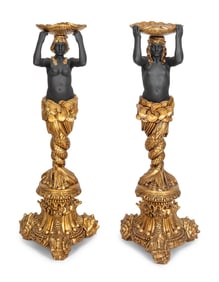 A Pair of Gilt and Black-Painted Torchère Figures of a Mermaid and Merman