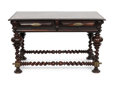 A Portuguese Baroque Style Brass Mounted Rosewood Library Table