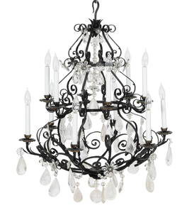 A Wrought Iron and Rock Crystal Twelve-Light Chandelier: A Wrought Iron and Rock Crystal Twelve-Light Chandelier Circa 1920 Height 37 x diameter 29 inches. This lot is located in Palm Beach.