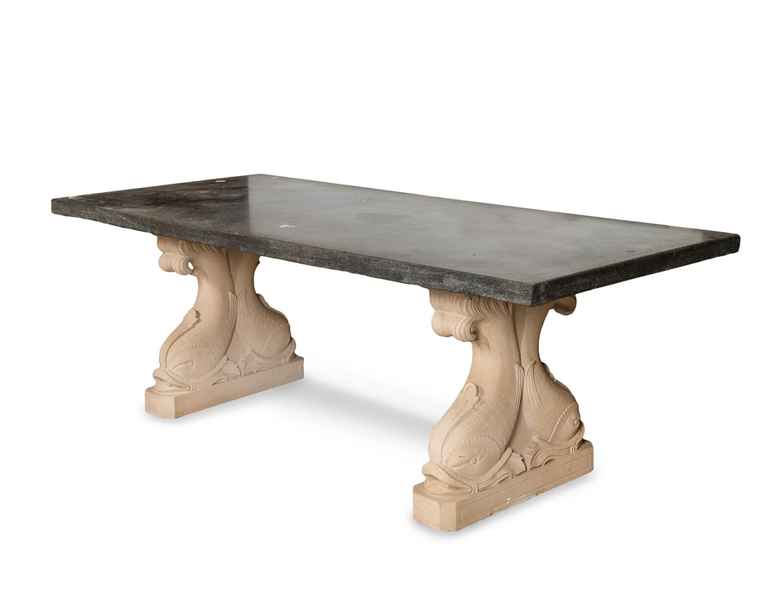 A Cast Stone Dolphin-Form Double Pedestal Table (1 of 3)