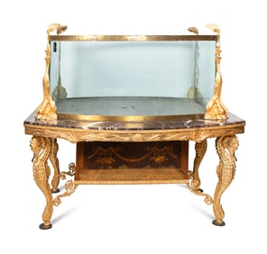 An Italian Gilt Steel and Bronze Console Aquarium with Marble Top