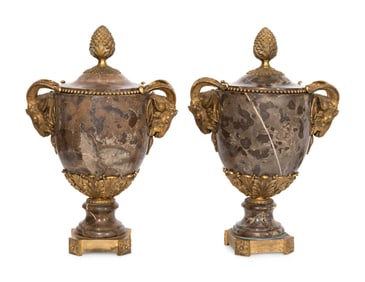 A Pair of French Gilt Bronze Mounted Marble Urns