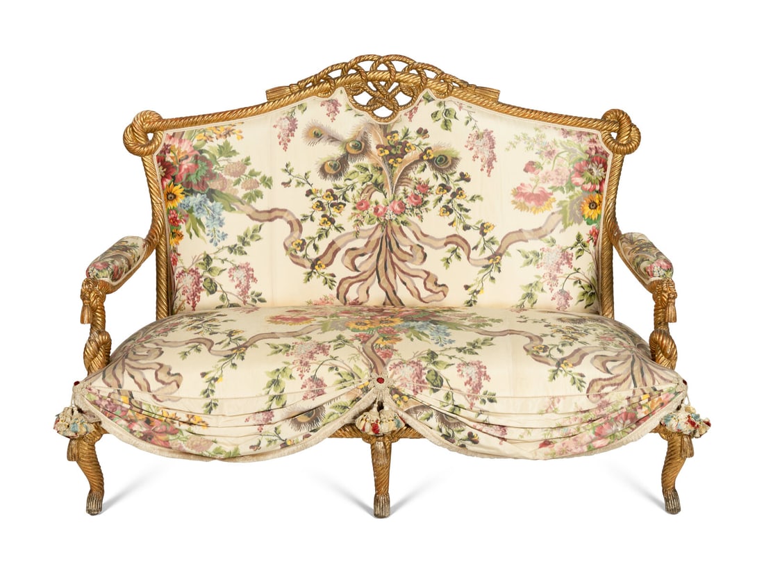 A South Italian Giltwood Canapé with Clarence House and Scalamandré Silk Upholstery: A South Italian Giltwood Canapé with Clarence House and Scalamandré Silk Upholstery Naples/Sicily, Circa 1840 The gilded beechwood frame carved in a rope-form, with twisting knots and tassel