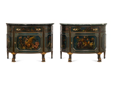 A Pair of Continental Polychrome Decorated Demilune Cabinets