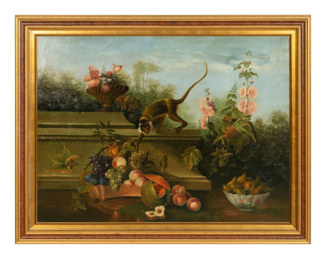 A. Miles (After Jean-Baptiste Oudry), 20th Century, Still Life with Monkey, Fruit and Flowers: A. Miles (After Jean-Baptiste Oudry) 20th Century Still Life with Monkey, Fruit and Flowers oil on canvas signed A. Miles (lower right) 30 x 40 inches. This lot is located in Palm Beach.