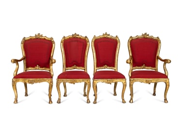 A Set of Six Venetian Rococo Carved Giltwood Dining Chairs