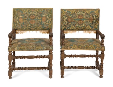 A Pair of Jacobean Carved Walnut Armchairs