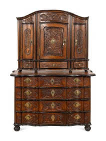 A Portuguese Carved Walnut Parcel Ebonized Bureau Cabinet on Chest
