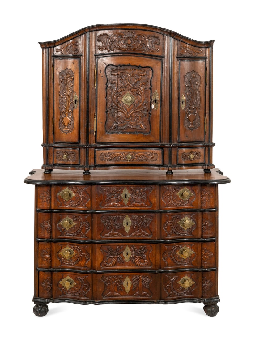 A Portuguese Carved Walnut Parcel Ebonized Bureau Cabinet on Chest (1 of 3)
