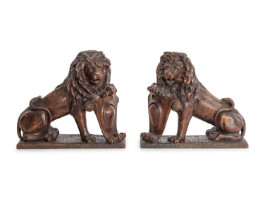 A Pair of Continental Carved Oak Models of Lions