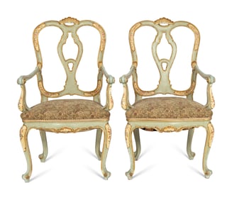 A Pair of Italian Rococo Style Painted and Parcel Gilt Armchairs