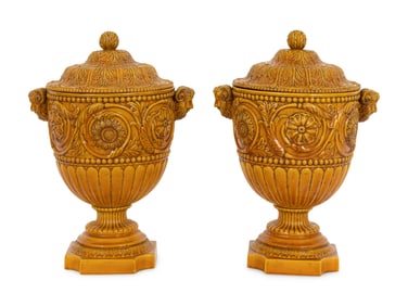 A Pair of Large Italian Saffron Yellow-Glazed Lidded Urns