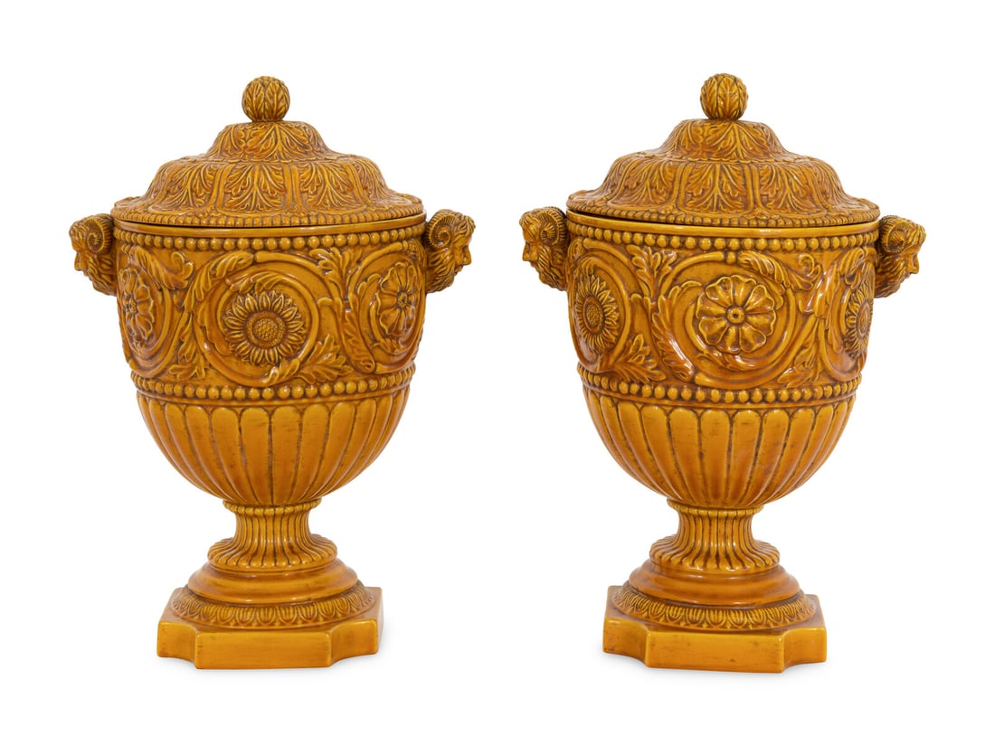 A Pair of Large Italian Saffron Yellow-Glazed Lidded Urns (1 of 2)