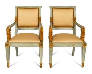 A Pair of Italian Neoclassical Style Blue-Painted and Parcel Gilt Armchairs