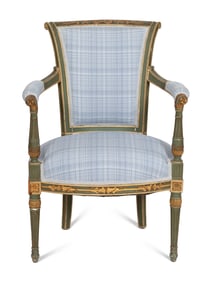A Directoire Green-Painted and Parcel Gilt Fauteuil en Cabriolet