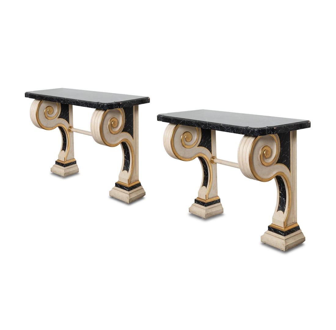 A Pair of Neoclassical Style Cream-Painted and Parcel Gilt Console Tables with Faux-Painted Marble (1 of 2)