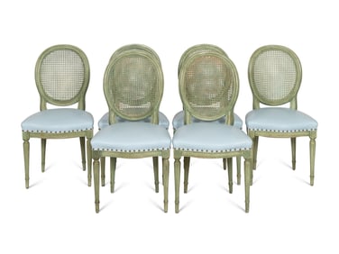 A Set of Six Louis XVI Style Green-Painted Medallion-Back Dining Chairs