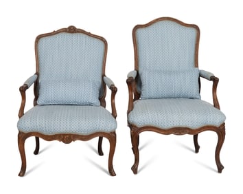 Two Louis XV Style Carved Walnut Fauteuils
