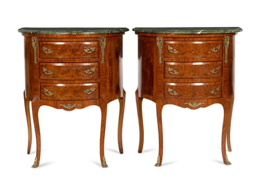 A Pair of Late Louis XV Transitional Style Burl Walnut Tables de Chevet