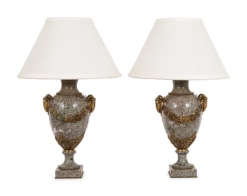 A Pair of French Marble and Gilt Bronze Mounted Urns