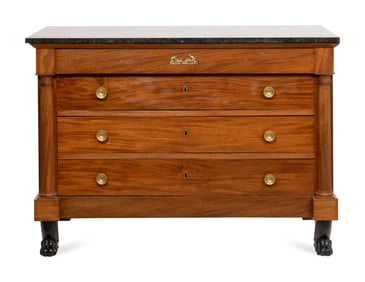 An Empire Mahogany Commode with Ebonized Paw Feet and Marble Top