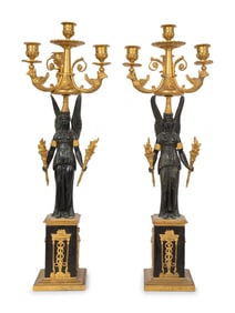 A Pair of Continental Empire Style Gilt and Patinated Bronze Three-Light Candelabra