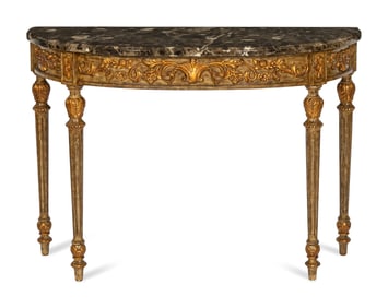 An Italian Painted and Parcel Gilt Demilune Console Table with Marble Top