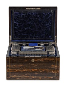 A Victorian Calamander Traveling Vanity Case with Silver-Mounted Accessories