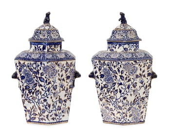 A Pair of Large English Ironstone Parcel Gilt Blue and White Hexagonal Lidded Jars