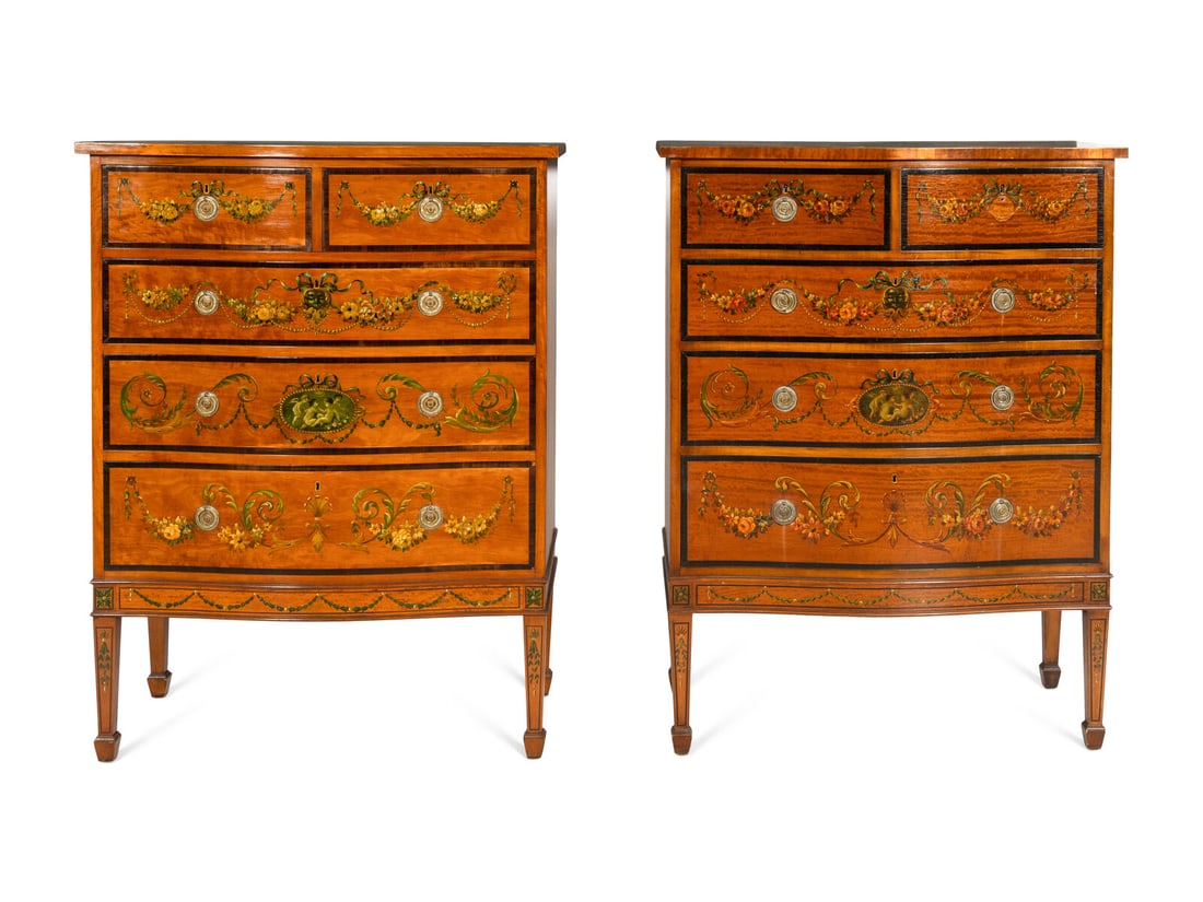A Pair of Edwardian Paint-Decorated Satinwood Five-Drawer Chests (1 of 3)
