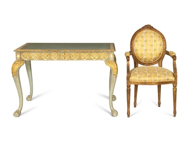 A Maitland-Smith Georgian Style Painted and Parcel Gilt Desk and Associated Louis XVI Style Chair