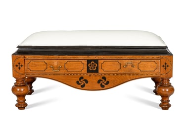A Dutch Colonial Style Ebony Inlaid Upholstered Bench
