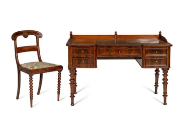 A Continental Mahogany Five-Drawer Writing Desk and Associated Regency Chair