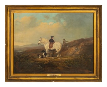 Attributed to Richard Ansdell (British, 1815-1885) Hunting Party With Two Figures, Mount And Two
