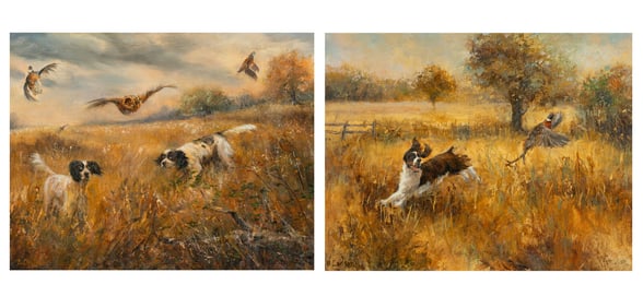 B. Carlson, A Dog Chasing a Pheasant and Two Hounds in the Field, with Bob Whites in flight (two