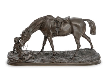 Pierre-Jules Mêne (French, 1810-1879) Jument à l'écurie jouant avec un chien (The